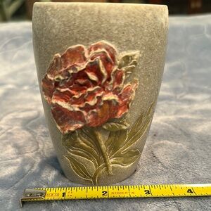 Floral Sand Stone Vase with 3D Red Flower Accent